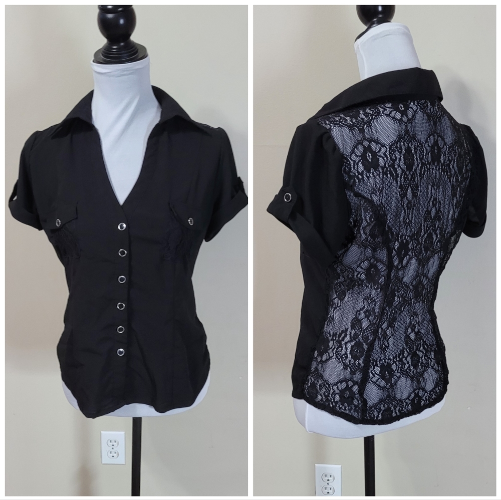 Black lace back button down